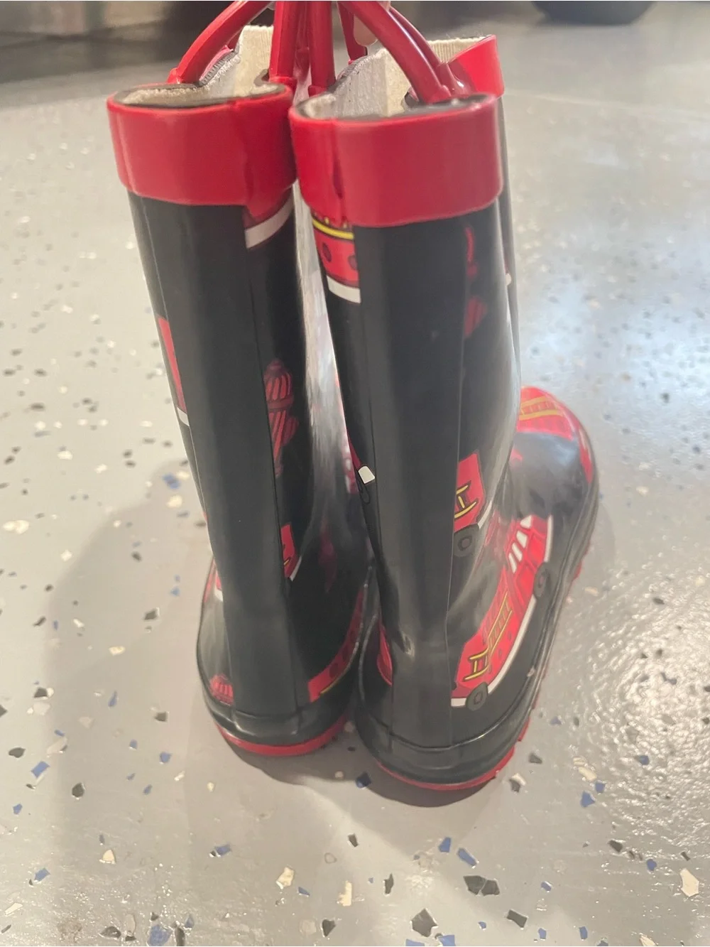 Kids Black & Red Fire Truck Rain Boots